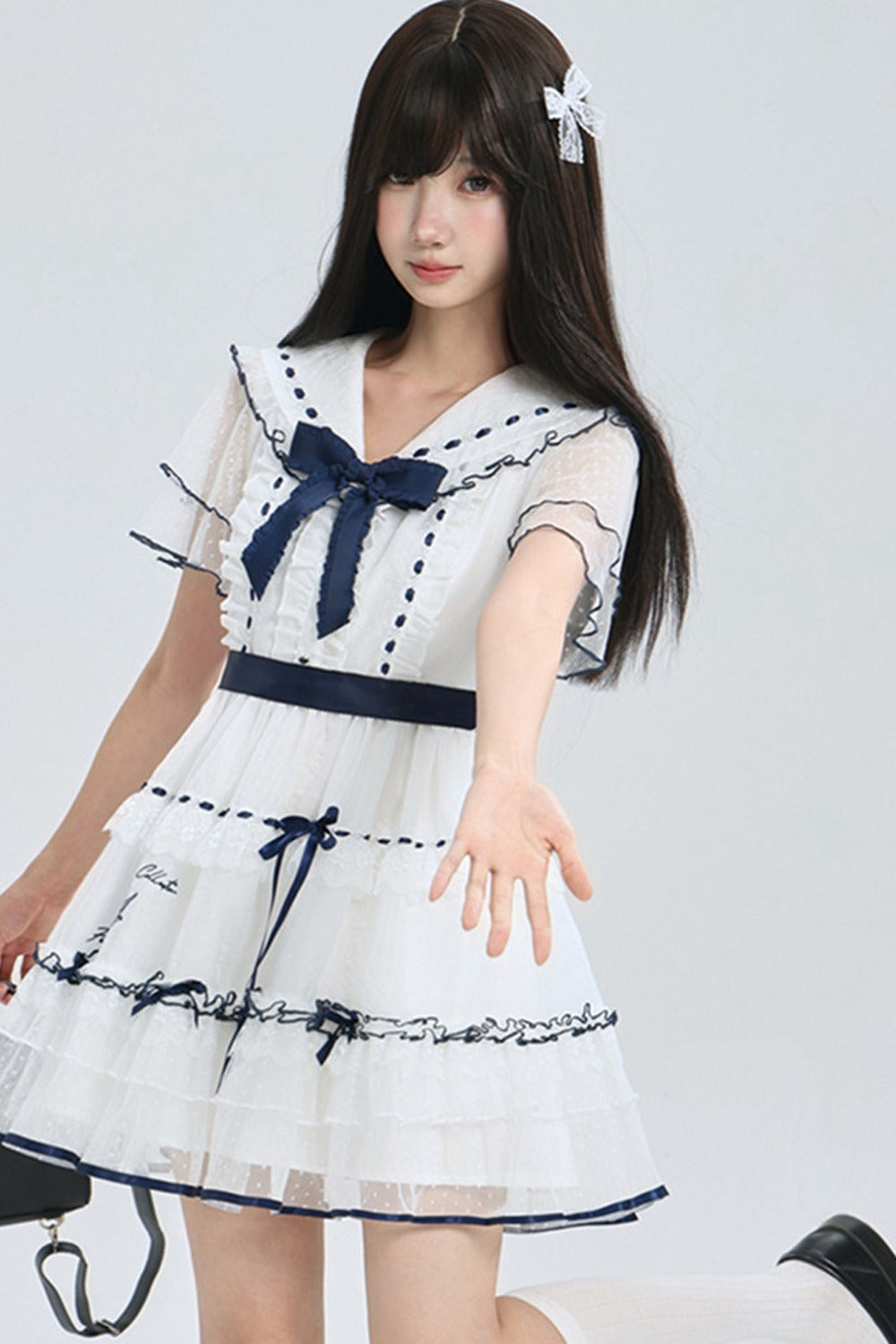 Navy Collar Bird Embroidery Tiered Ribbon Dress