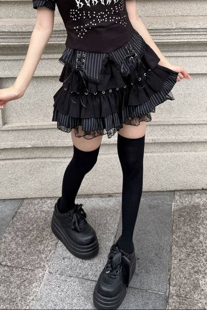 Gestreiftes Gothic-Oberteil mit Strass und Schnürrock-Set