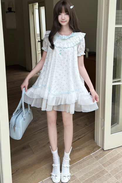 Gepunktetes Kleid mit Spitzenkragen und Bindegürtel