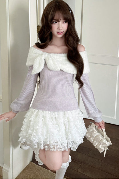 Fliederfarbenes Stricktop und Rock-Set