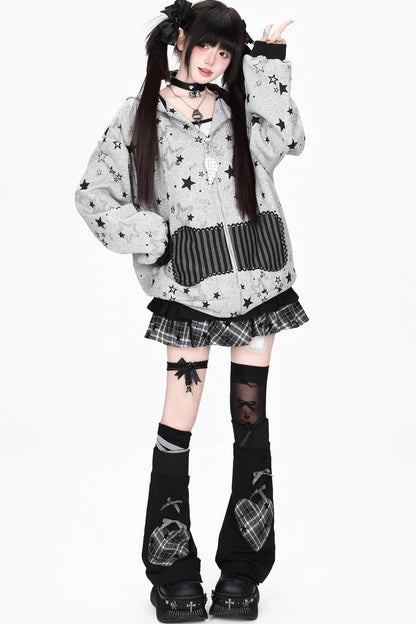 Star Print Hooded Sweatshirt Jacket