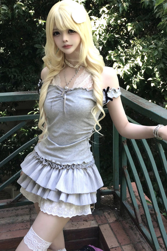 Gray Lace Camisole & Layered Skirt Set-Up