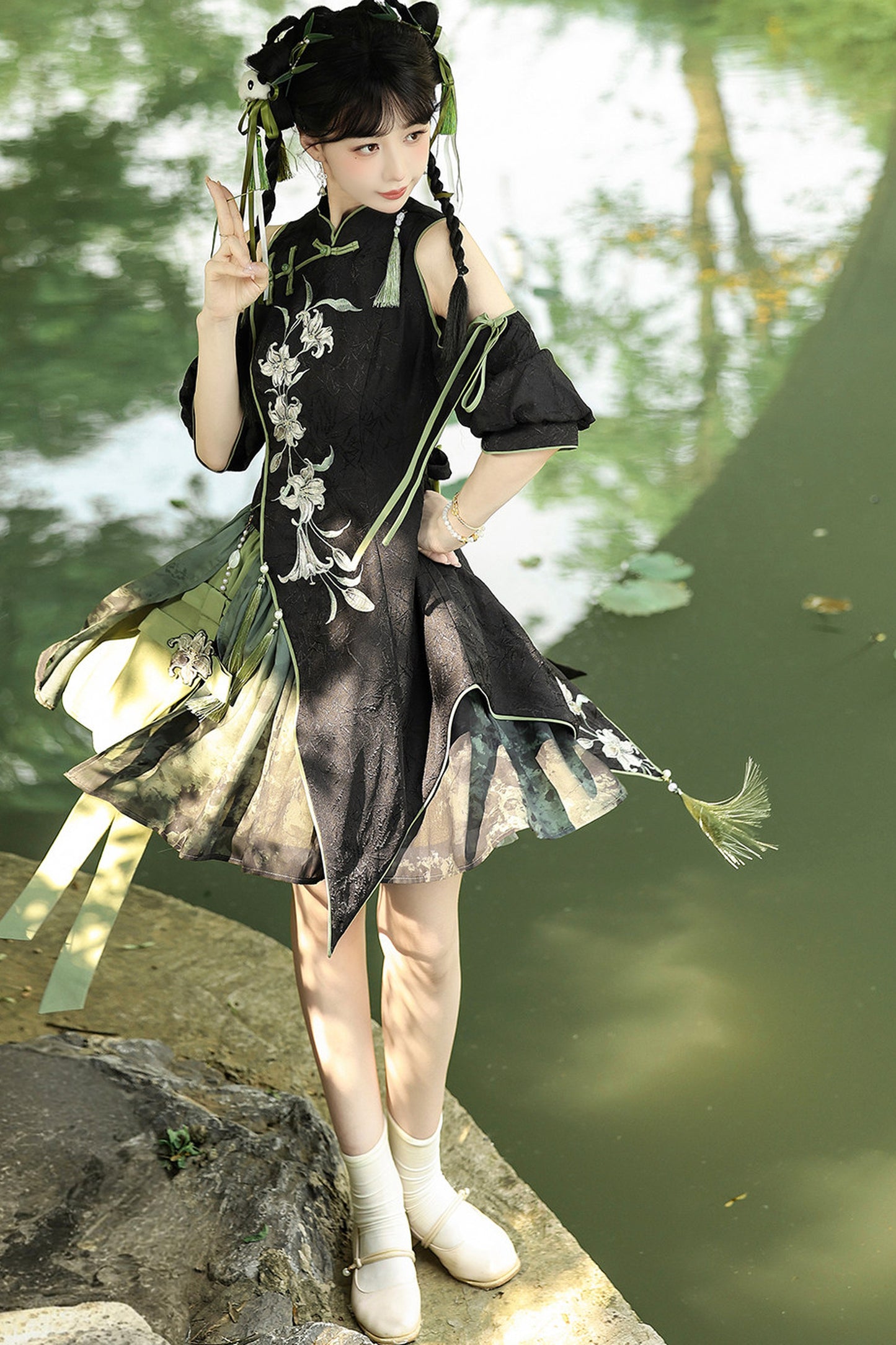 Floral Gothic Asymmetric Cheongsam Dress + Skirt