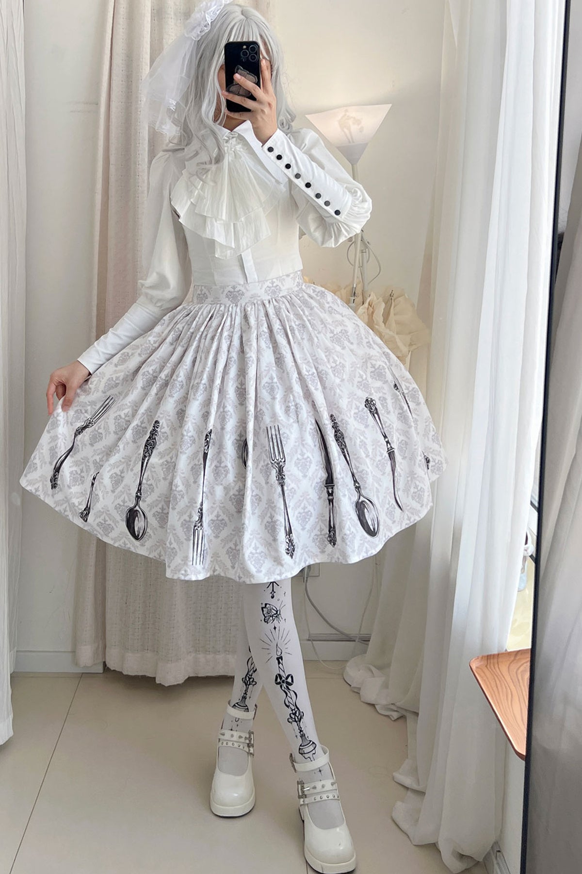 Silver Tableware Print Half-Length Skirt