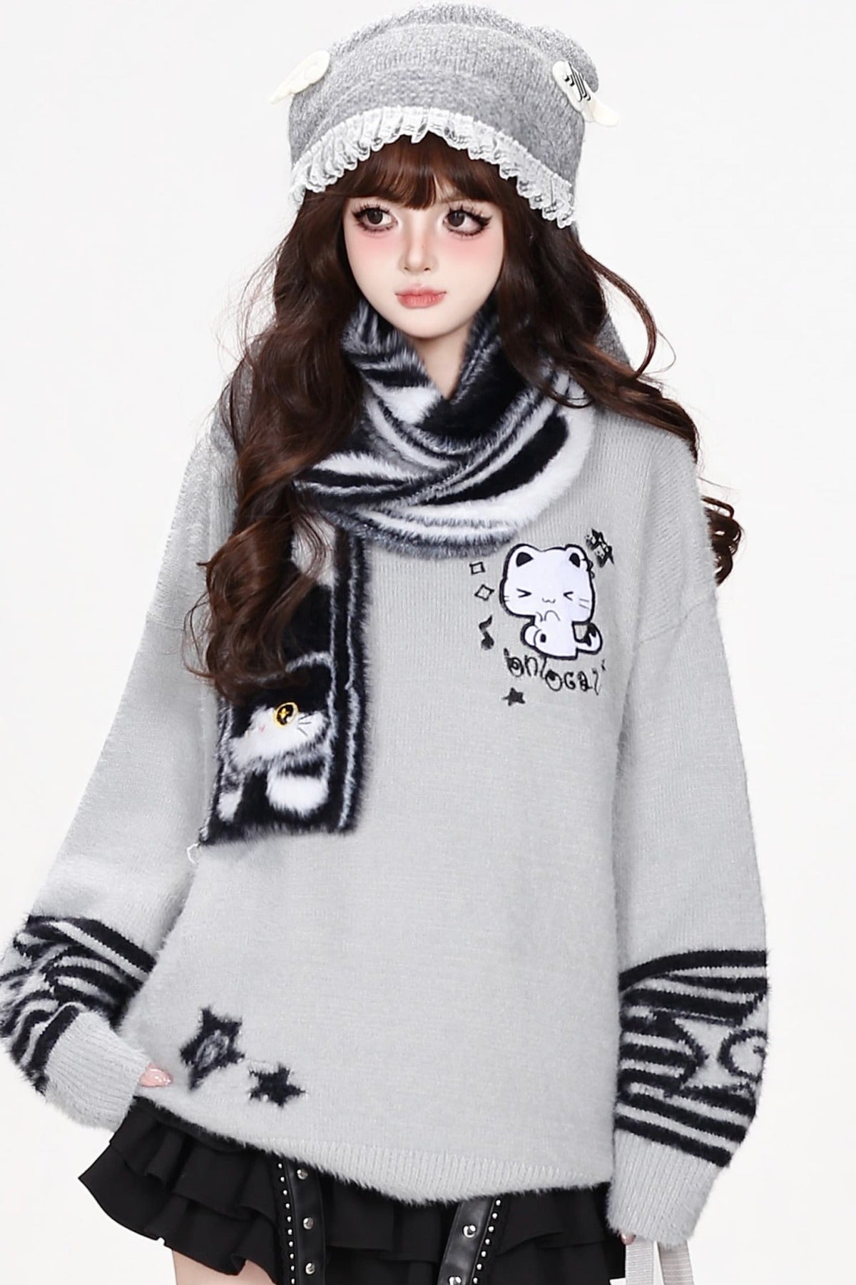 Cat Striped Knit Pullover Sweater