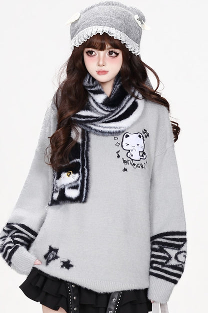 Cat Striped Knit Pullover Sweater