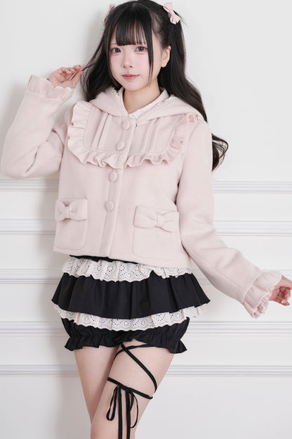 Ruffle Hooded Wool Jacket