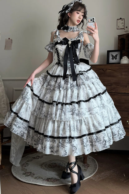 Lolita-Kleid mit Tuschewaschung und Fischgrätenmuster