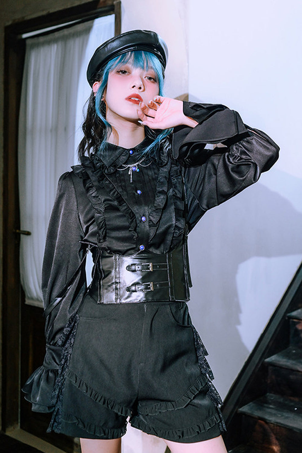 Blue Tears Patchwork Lace Lantern Sleeve Shirt