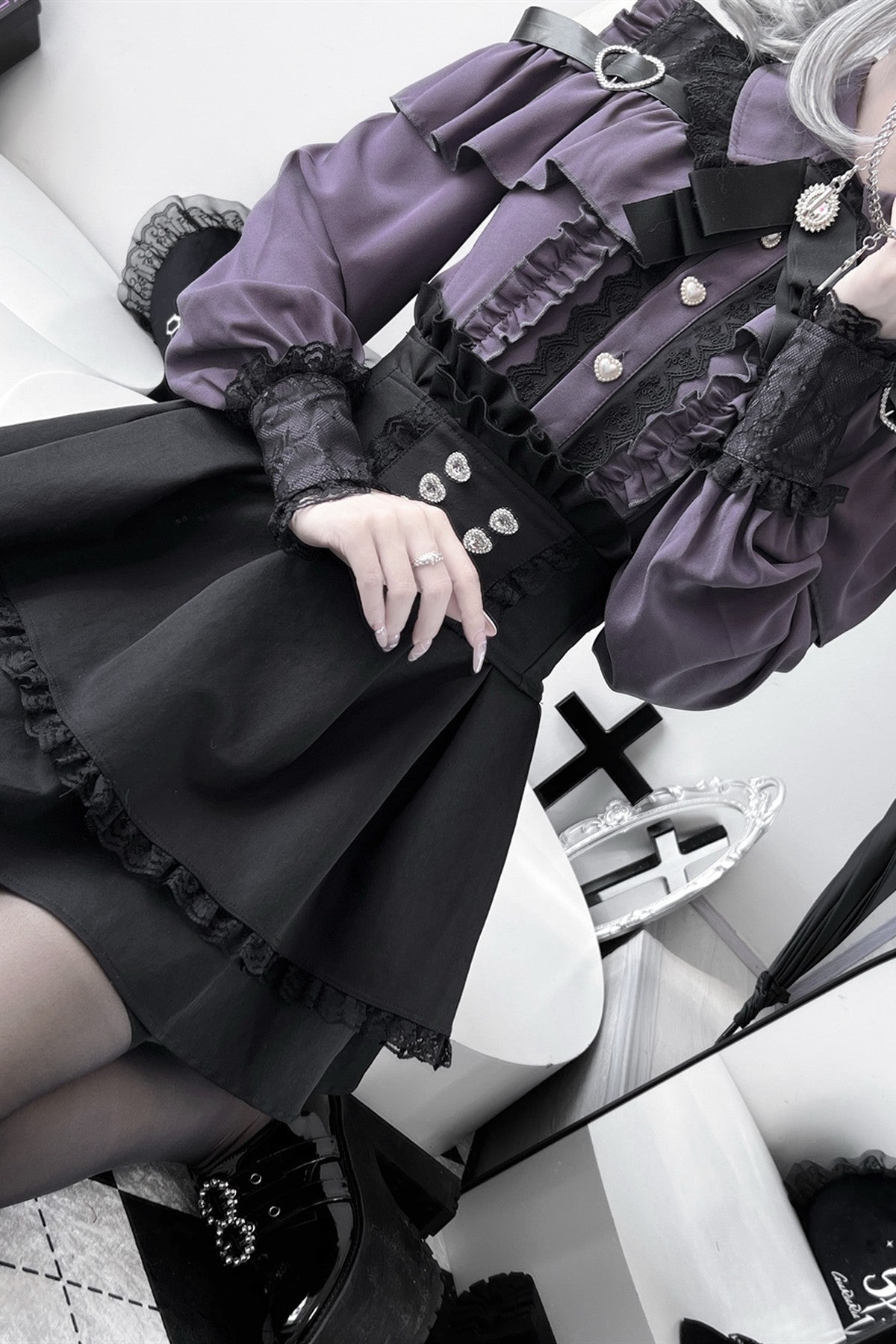 [Pre-order] Cold Shoulder Heart Buckle Long Sleeve Ruffle Lace Blouse with Bow Tie + Lace-Trim Pleated Mini Skirt Set