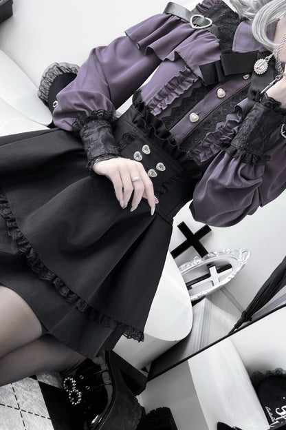 [Pre-order] Cold Shoulder Heart Buckle Long Sleeve Ruffle Lace Blouse with Bow Tie + Lace-Trim Pleated Mini Skirt Set