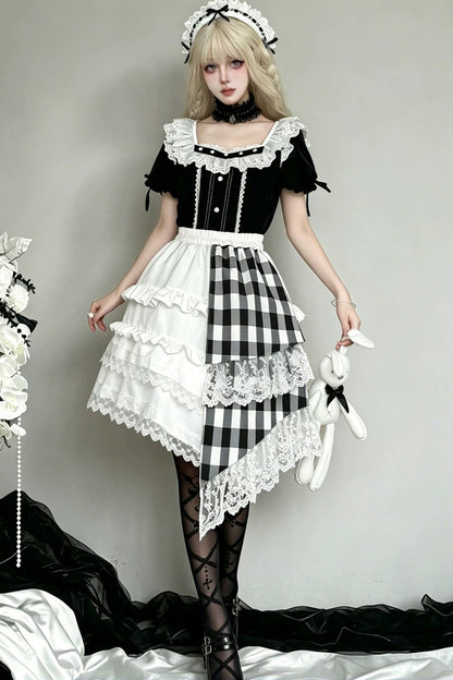 Lace Trim Plaid Skirt + Top + Hair Accessories