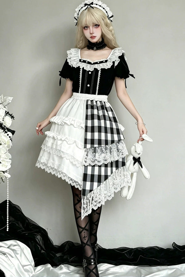 Lace Trim Plaid Skirt + Top + Hair Accessories