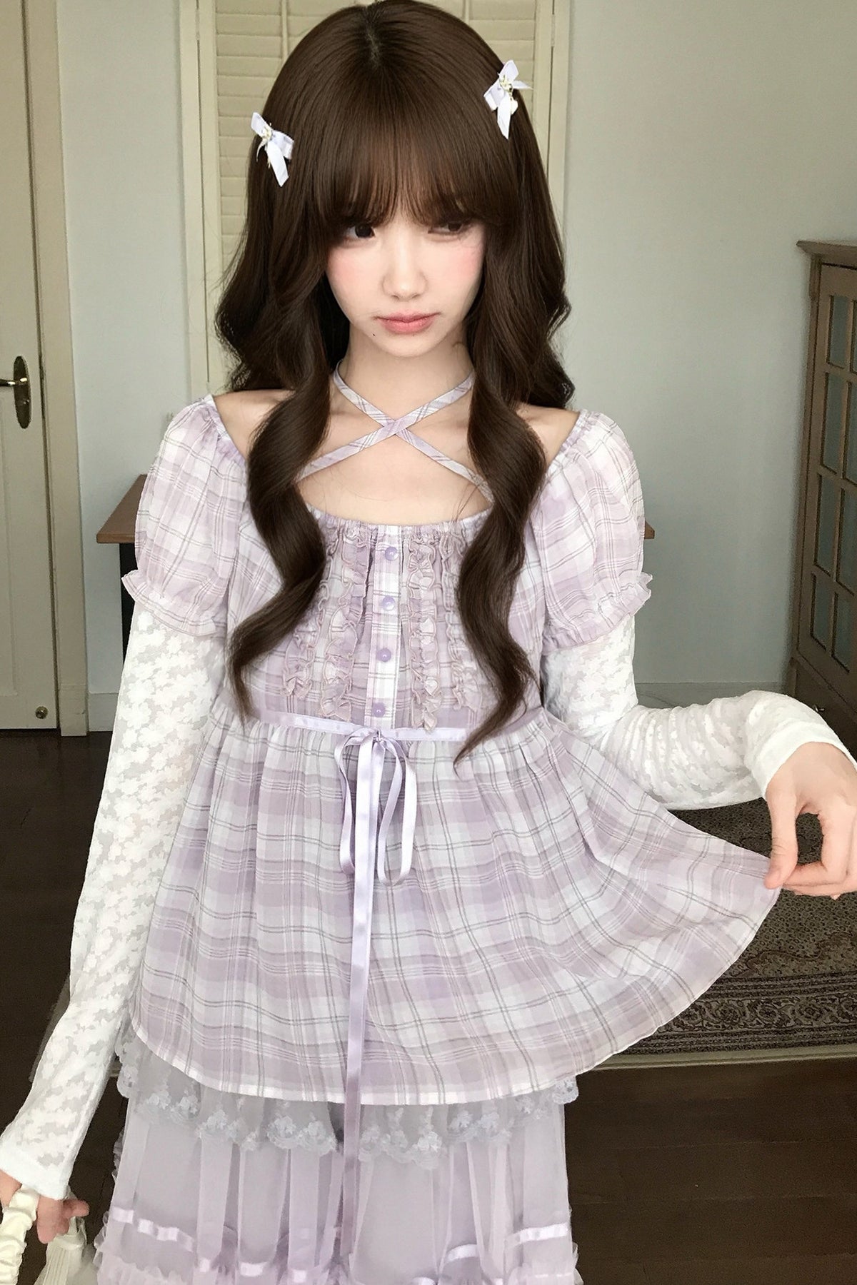 Plaid Lace Halter Top and Mesh Skirt Set
