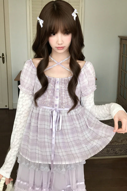 Plaid Lace Halter Top and Mesh Skirt Set
