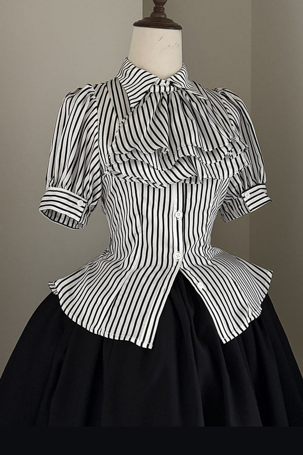 Gothic Striped Ruffle Short-Sleeve Shirt