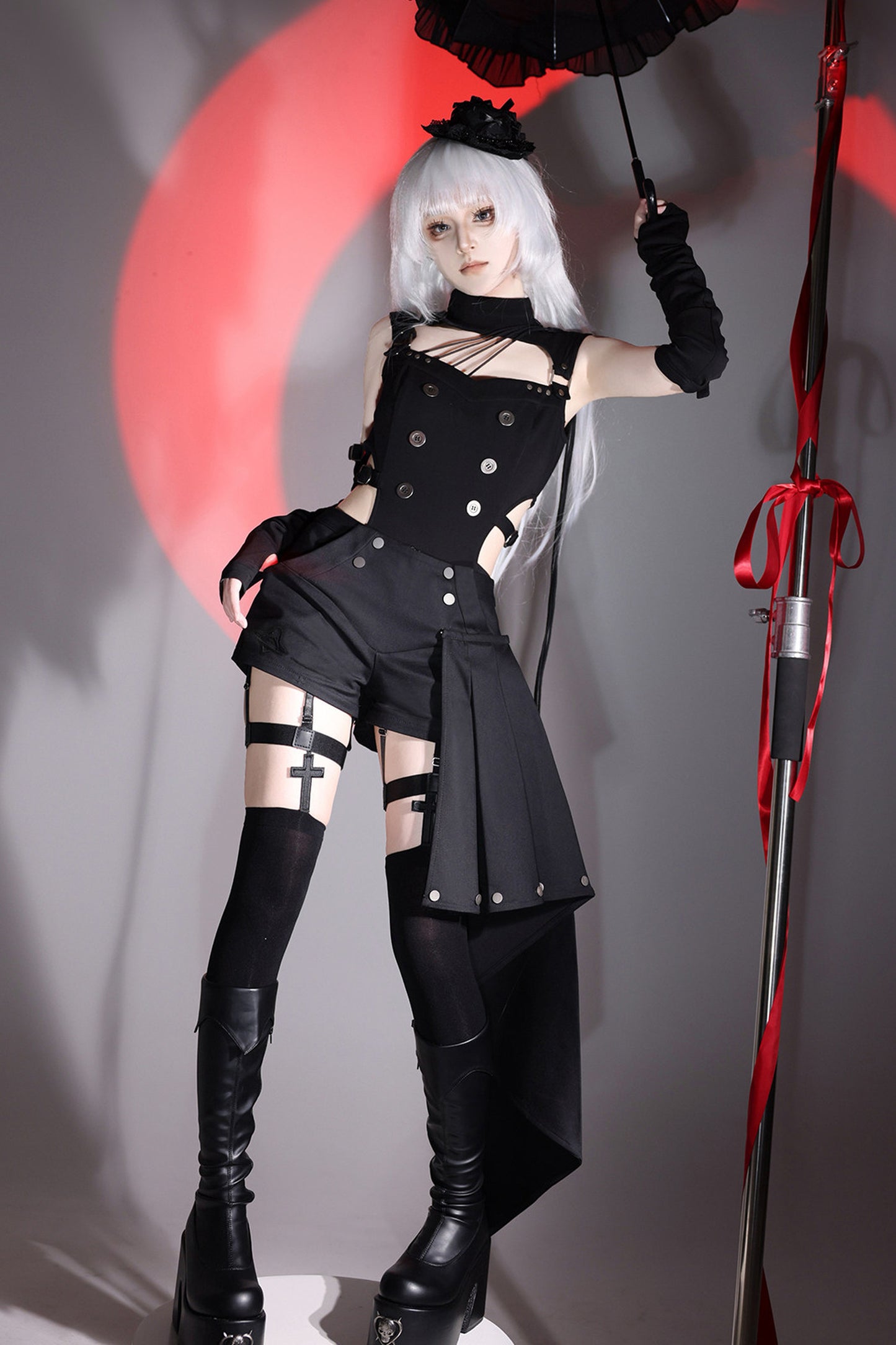 Top cyber gotico lolita + pantaloni + scaldabraccia