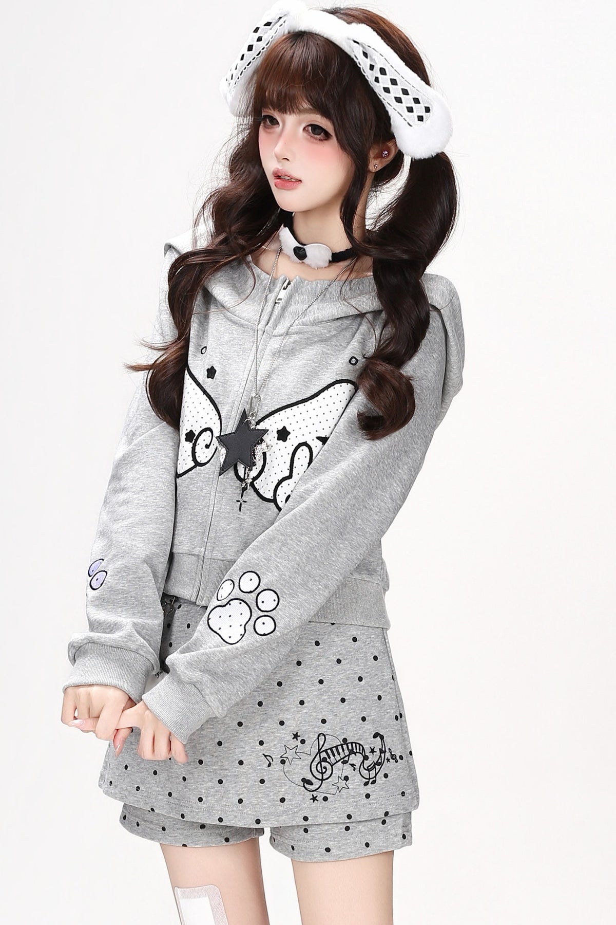 Polka Dot Wings Hooded Sweatshirt Short Jacket Set-Up