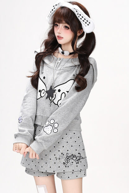 Polka Dot Wings Hooded Sweatshirt Short Jacket Set-Up