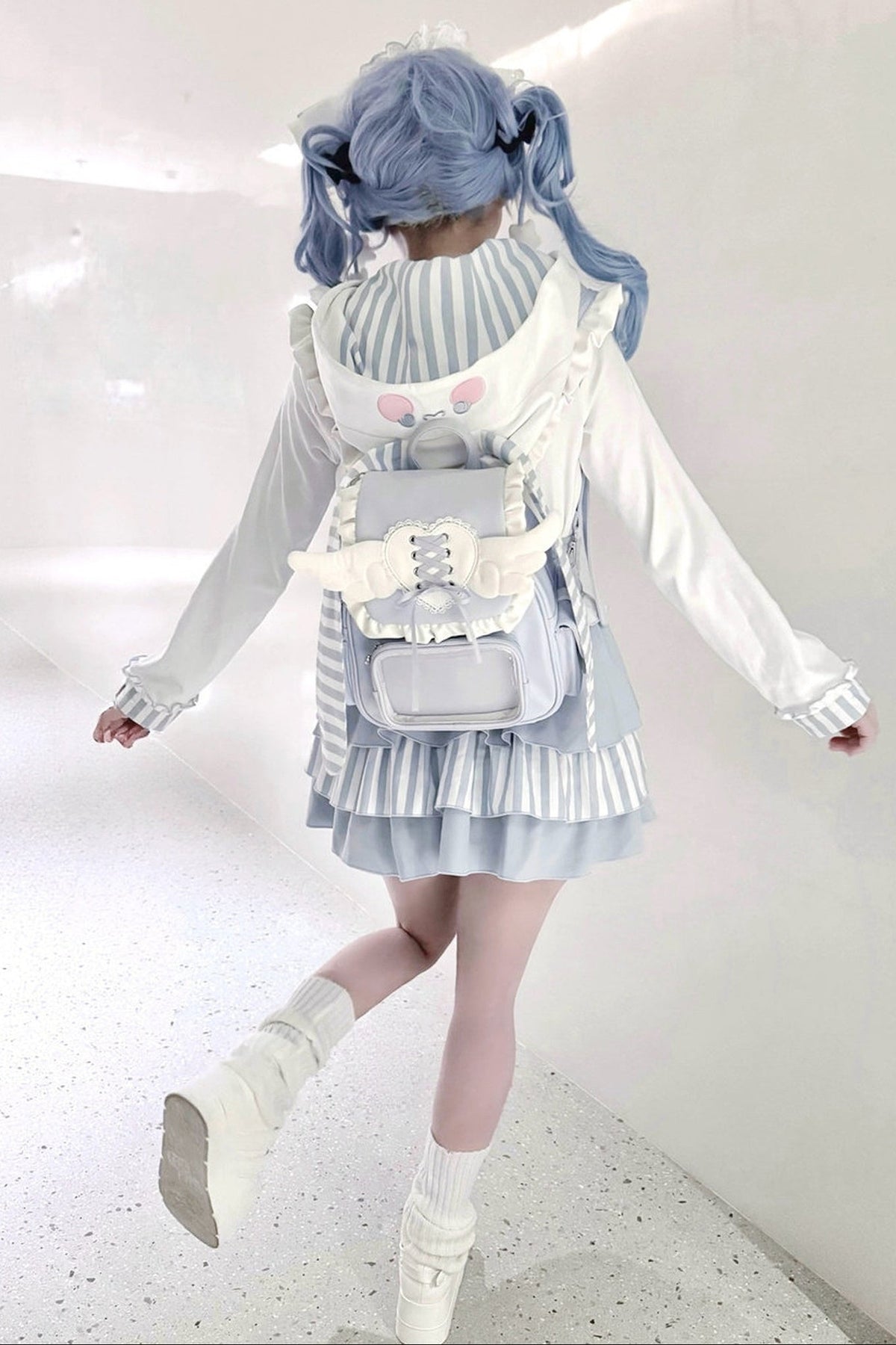 Bunny Ear Hooded Sweatshirt Suspender Skirt With Top Set-Up