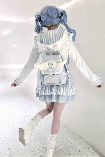 Bunny Ear Hooded Sweatshirt Suspender Skirt With Top Set-Up