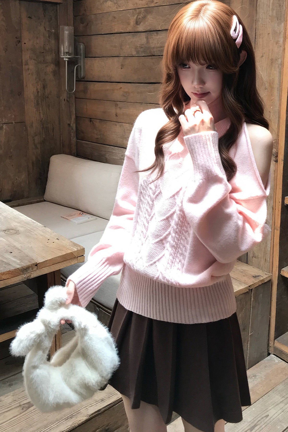 Rosa schulterfreies Strickoberteil-und-Rock-Set