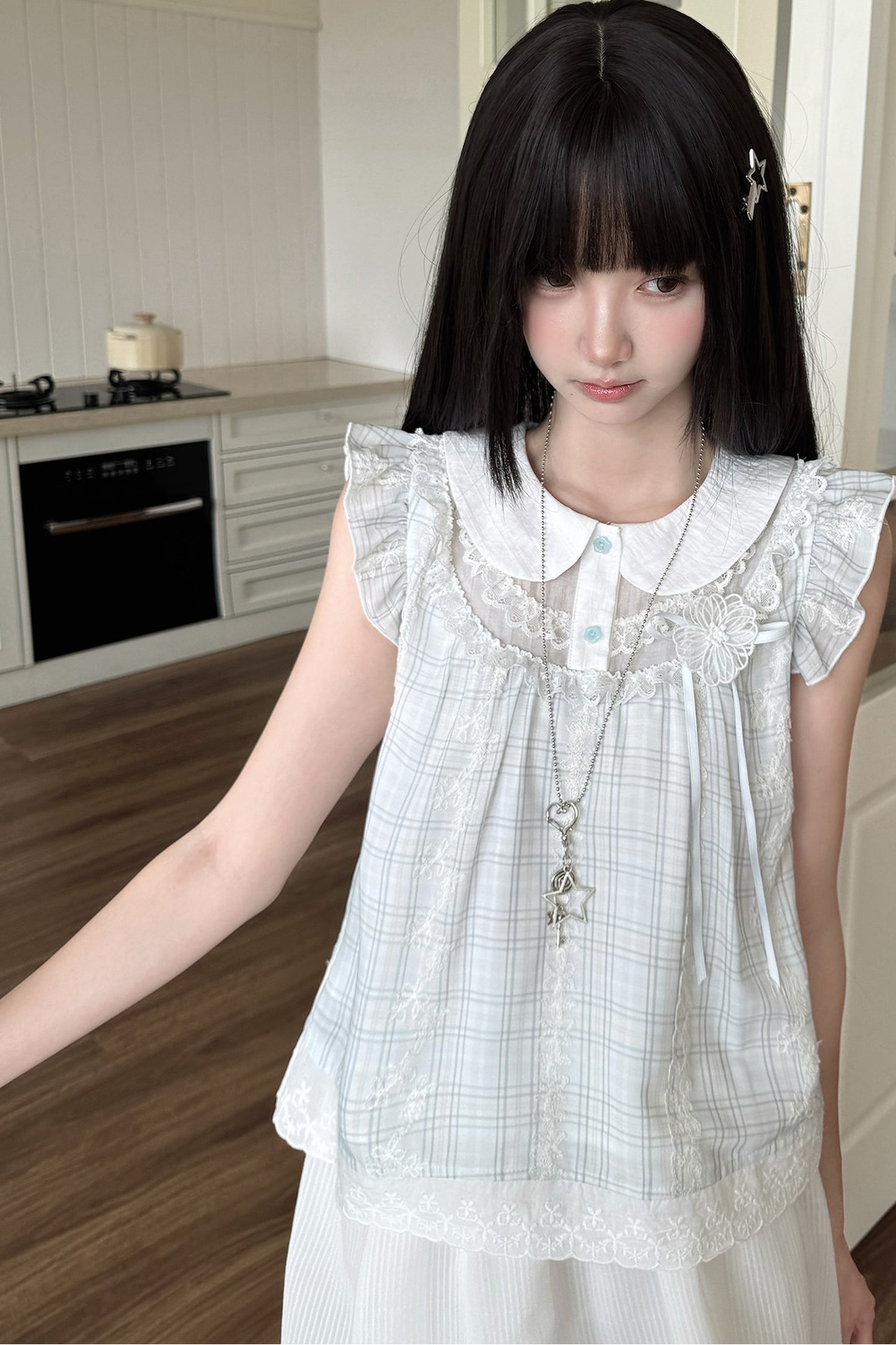 Light Blue Plaid Loose Doll Top and Skirt Set-Up