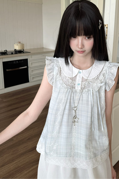 Light Blue Plaid Loose Doll Top and Skirt Set-Up