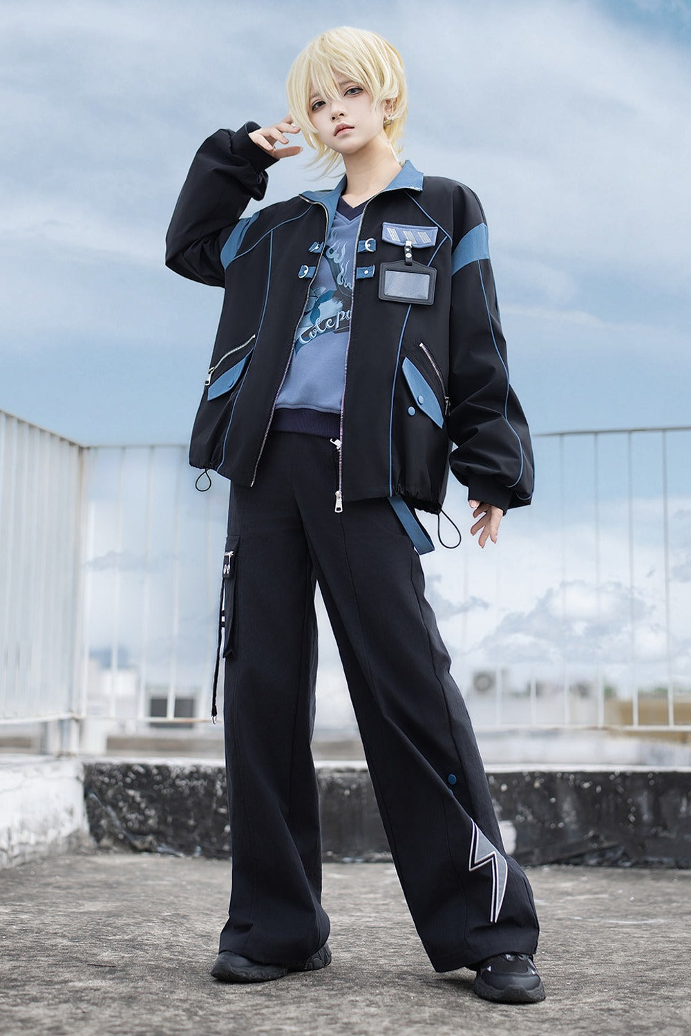 Schwarz-blaues Colorblock-Workwear-Jacken-Sweatshirt und weite Hose im Set