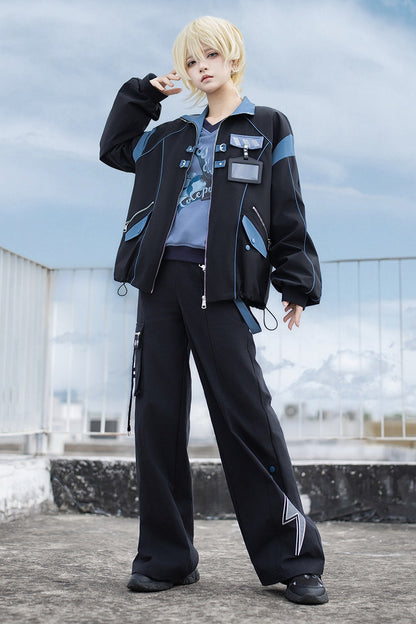 Schwarz-blaues Colorblock-Workwear-Jacken-Sweatshirt und weite Hose im Set