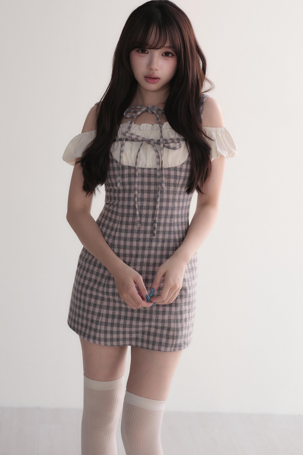 Small Checkered Off-Shoulder Tie Dress