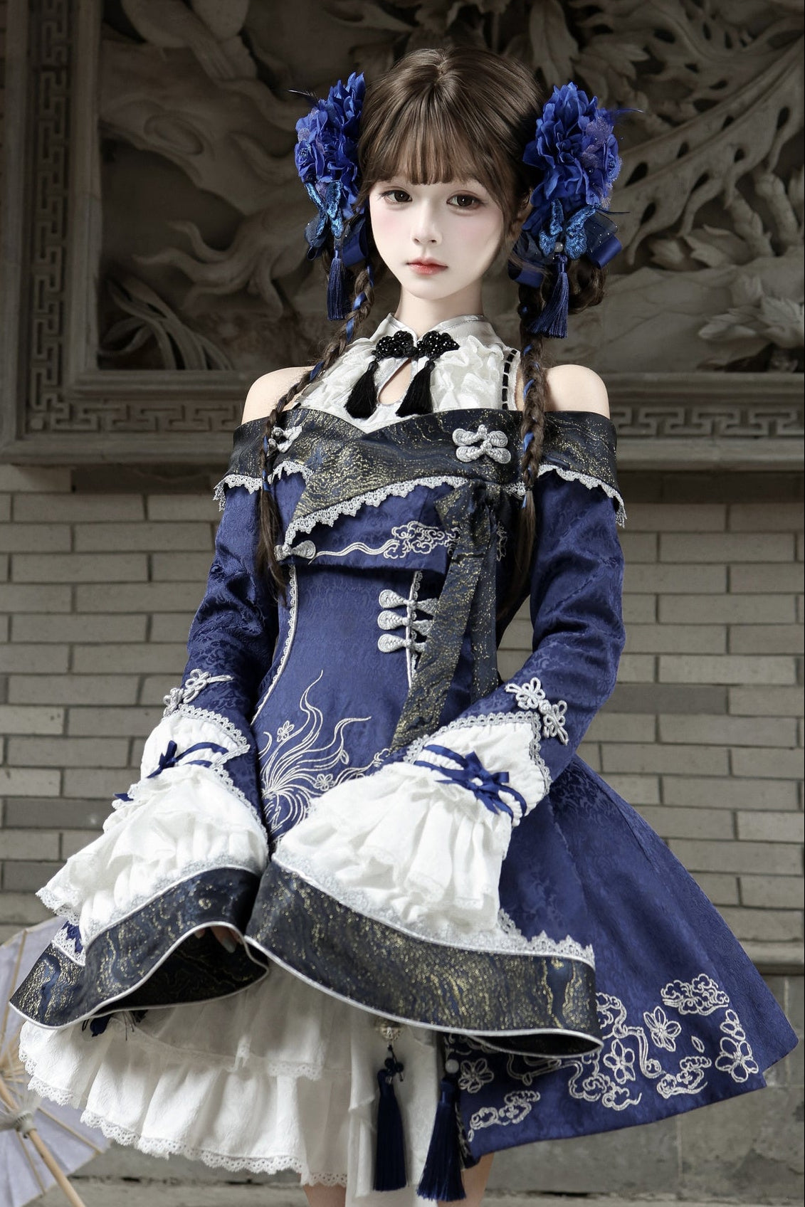 [Reservierungsschluss 109] Dunkelblaue und weiße Gothic-Chinese-Lolita-Accessoire-Serie mit gesticktem neunschwänzigem Fuchs