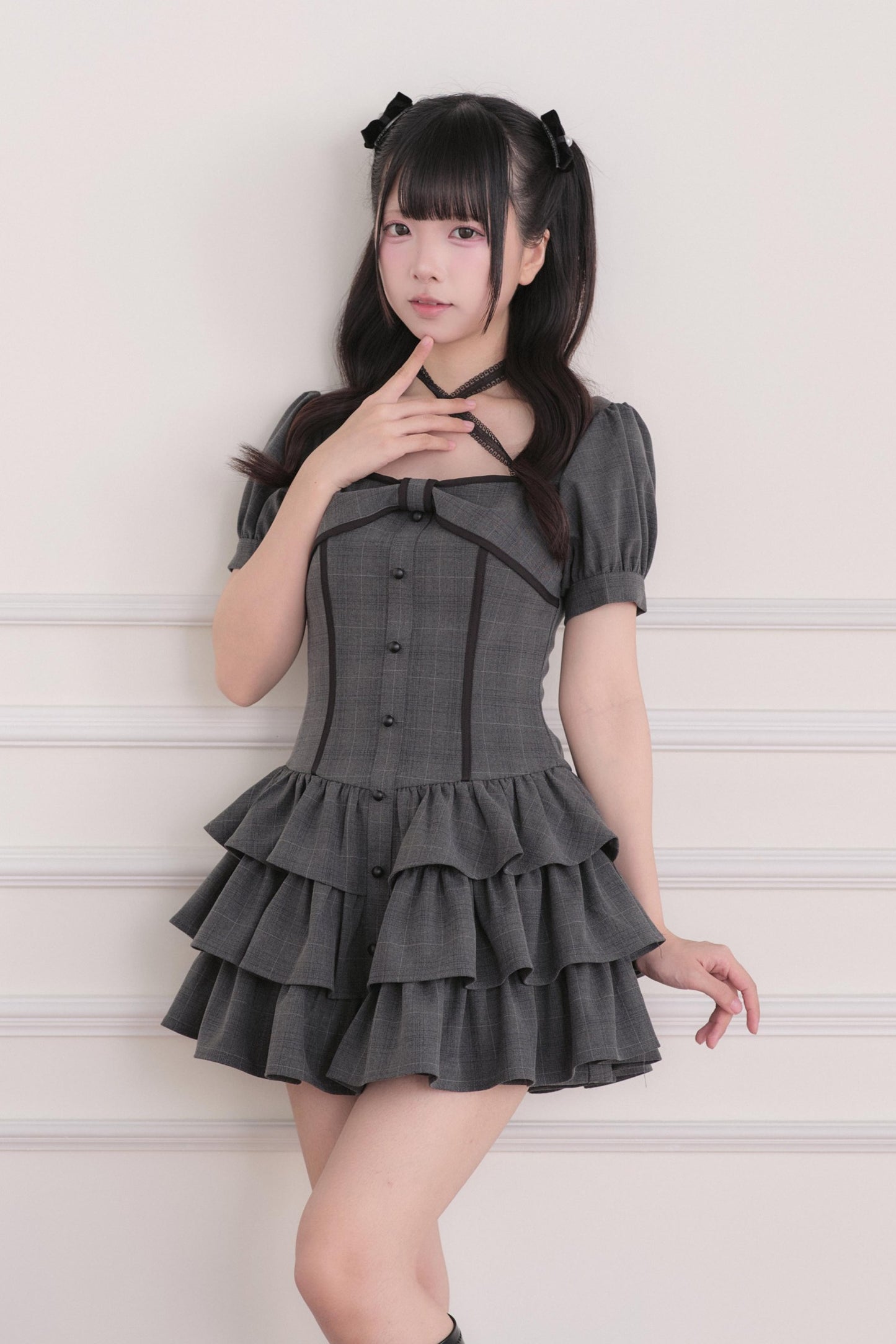 양산형 체크 프릴 미니 원피스+쇼츠