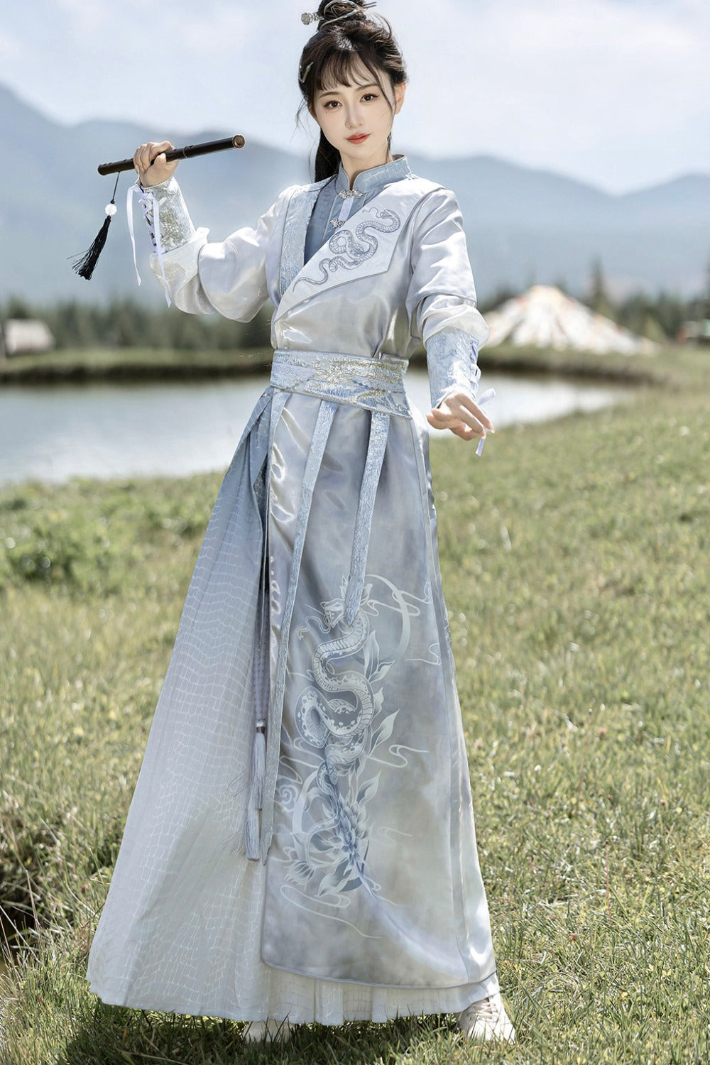 Silver Snake Improved Hanfu Dress and Jacket Set-Up
