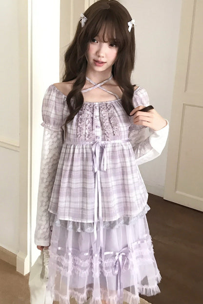 Plaid Lace Halter Top and Mesh Skirt Set