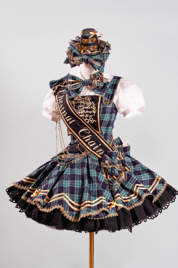 [Pre-order Deadline: July 18] Blue/Red/Green Idol Lolita Vintage Plaid Gold Bear Ribbon Lace JKS Dress Set 1/2/3 + Neck Ribbon