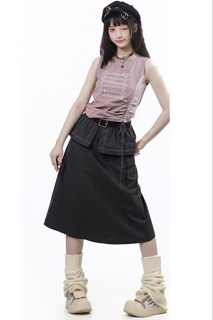 Gray-Purple T-Shirt With Skirt and Pants Set-Up