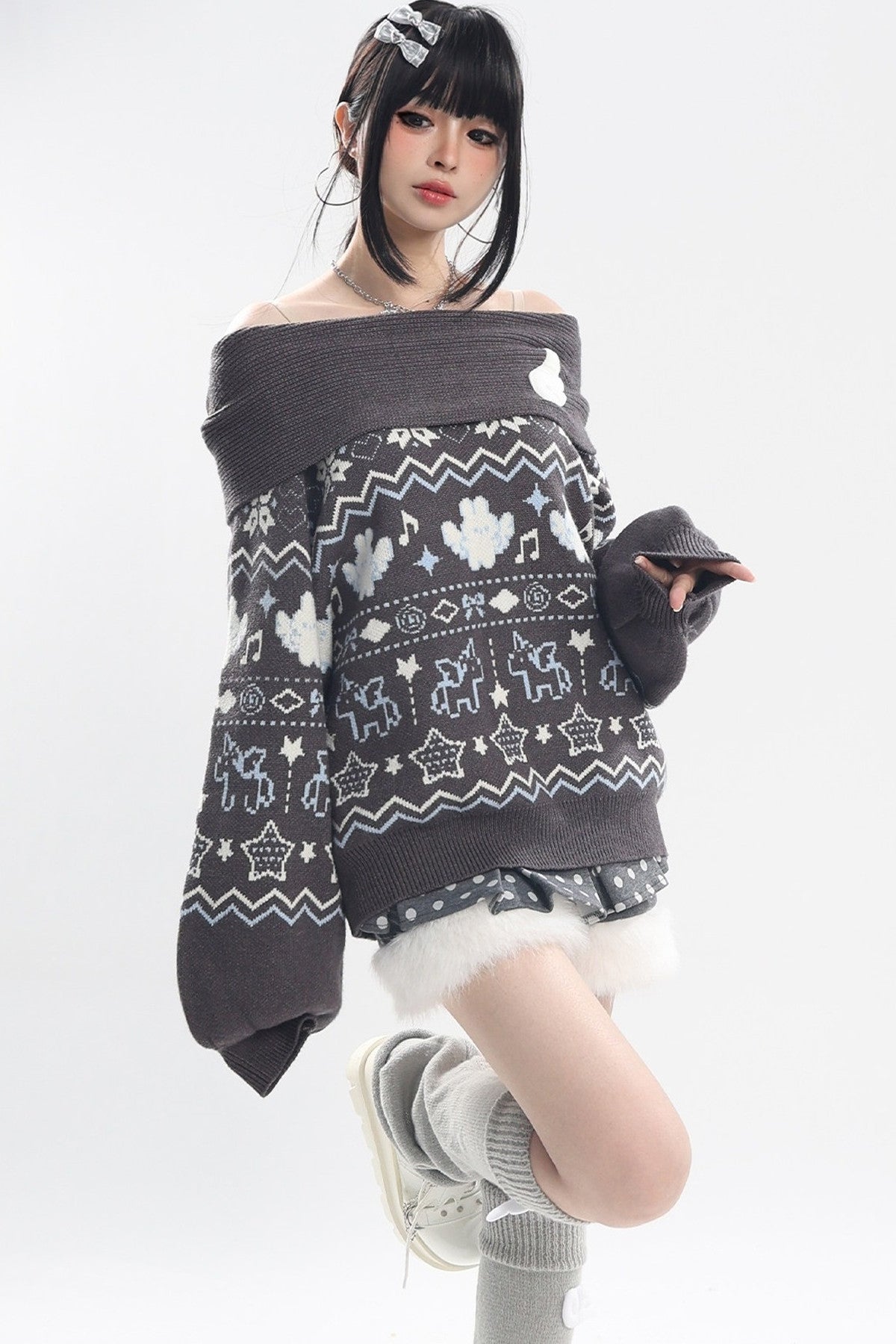 Fair Isle Off-Shoulder Sweater