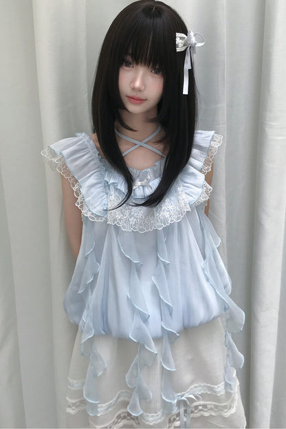 ミルキーブルー姫フリルトップス＋スカート