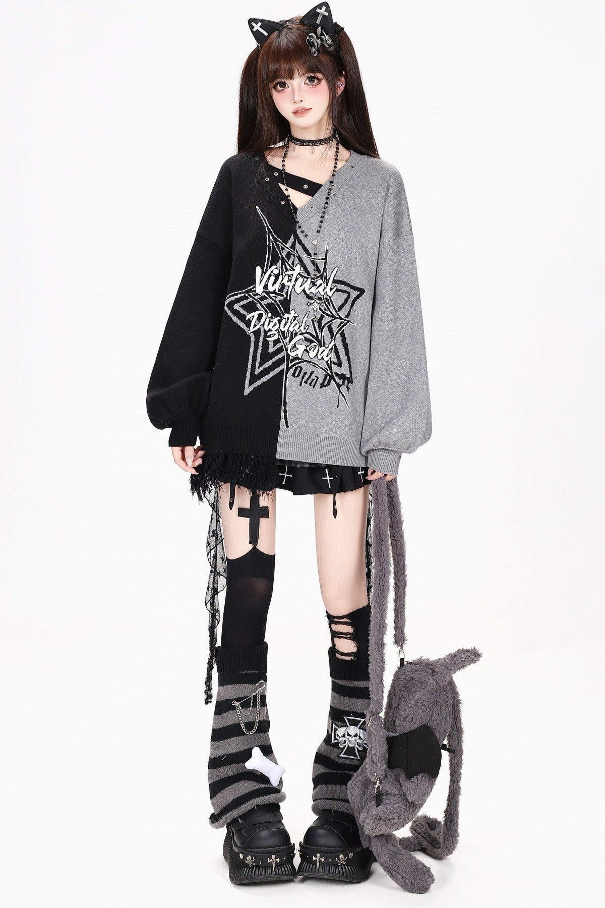 Star Color-Block Loose Pullover Sweater