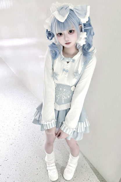 Bunny Ear Hooded Sweatshirt Suspender Skirt With Top Set-Up