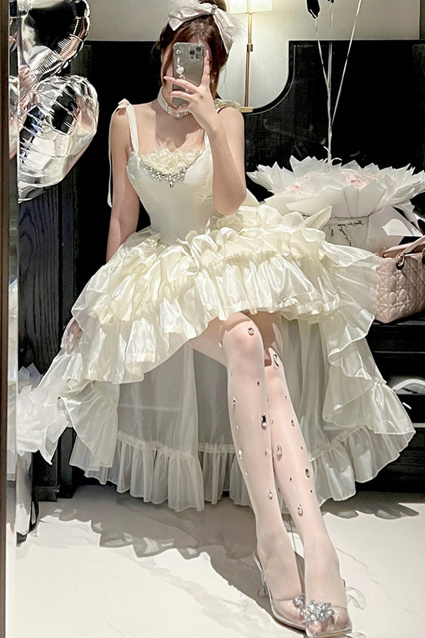 Elegant Floral Satin Ribbon Lolita Dress