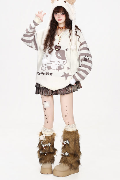 Cat Eating Fish Jacquard Hooded Sweater