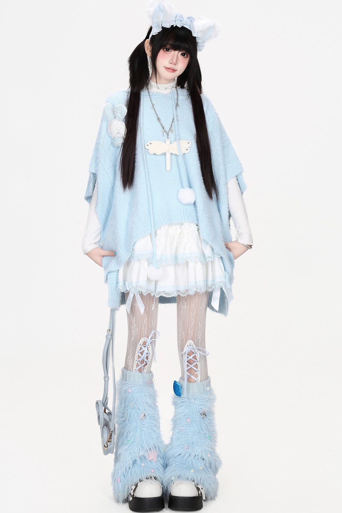 Hooded Bunny Faux Mink Knit Cape