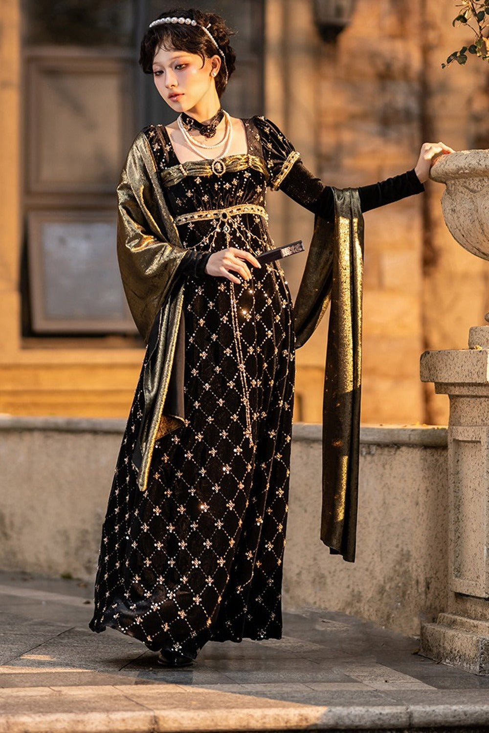 Black Gold Beaded Empire Dress