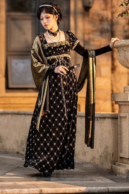 Black Gold Beaded Empire Dress
