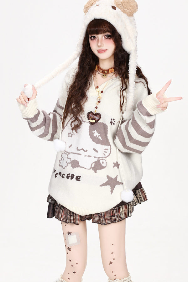 Cat Eating Fish Jacquard Hooded Sweater
