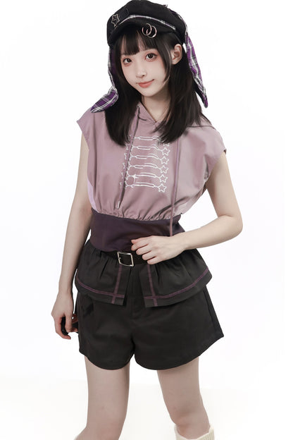 Gray-Purple T-Shirt With Skirt and Pants Set-Up
