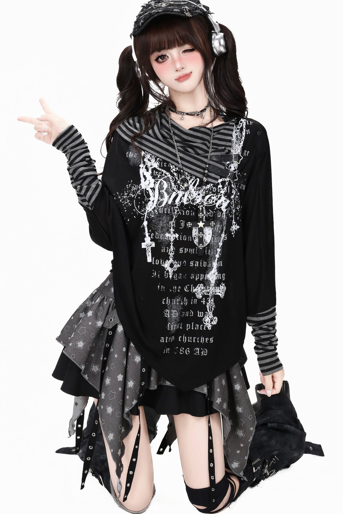 Gothic Print Striped Base Layer Top