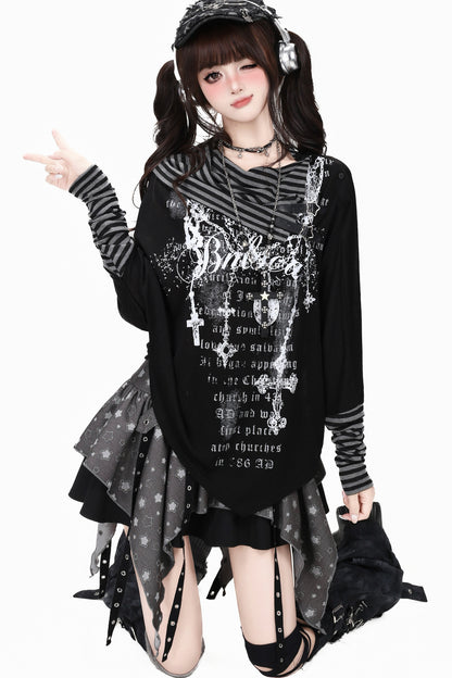 Gothic Print Striped Base Layer Top